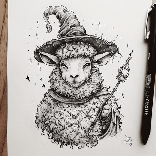Whimsical flat tattoo sketch of a sheep as a wizard with wand