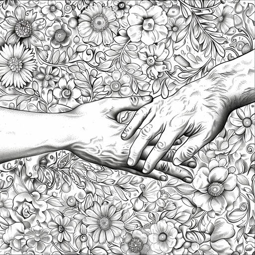 The Creation of Adam with intricate floral patterns in the style of Johanna Basford, Coloring book page