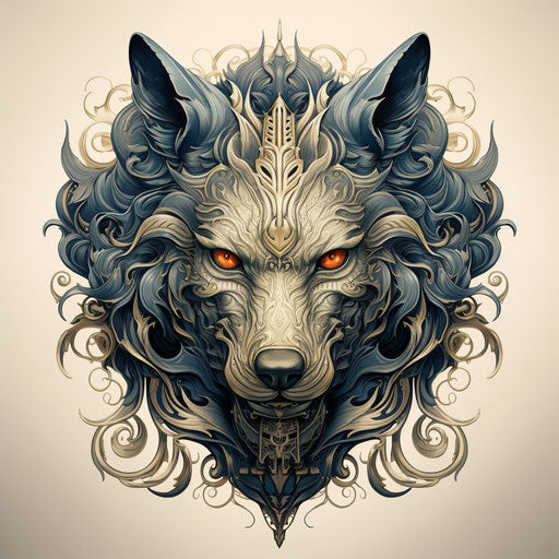 Wolf head tattoo design, Victorian engravings style