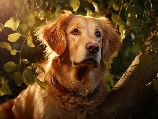 Golden dog sitting in tree