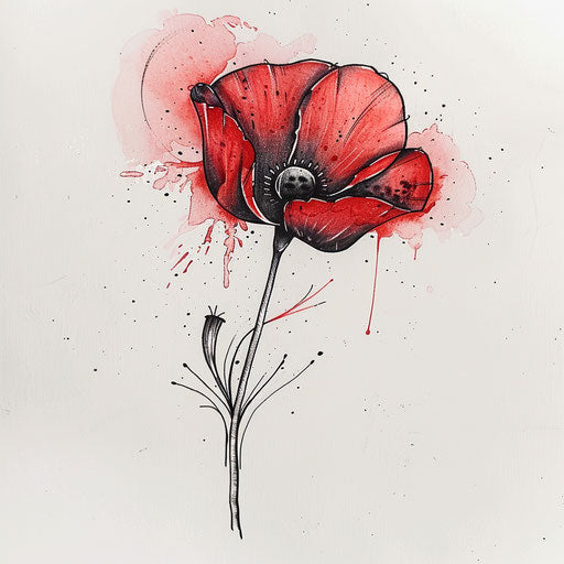 Poppy tattoo design with watercolor splash, black outline
