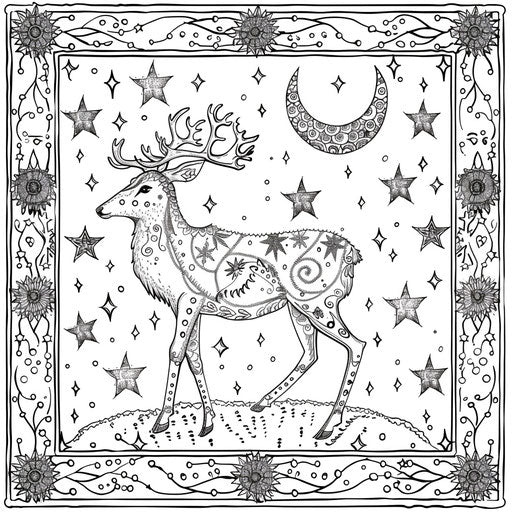 Deer surrounded by star and moon motifs pattern