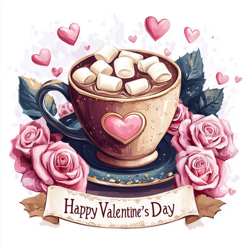 Hot Chocolate with Marshmallows, Roses and Hearts, Valentine's Banner