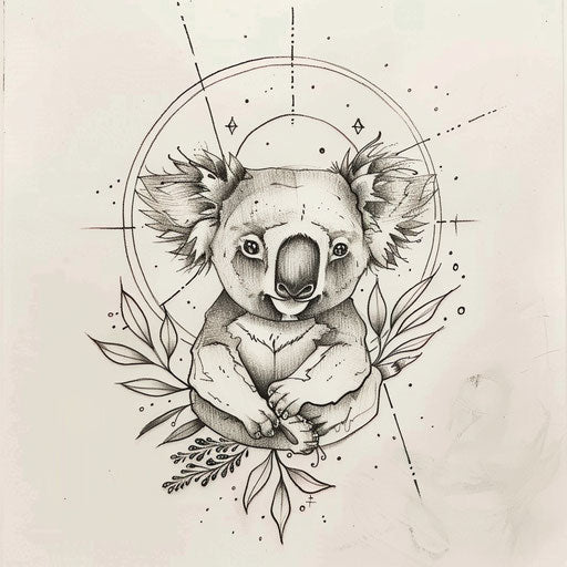 Simplistic koala tattoo sketch with geometric background