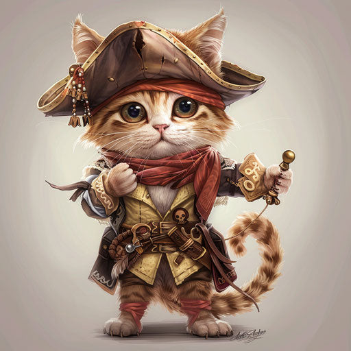 The pirate kitty stands, light brown and maroon style