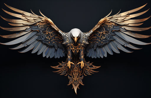 Large golden eagle ink tattoo, light beige and navy, 3D grey academia design