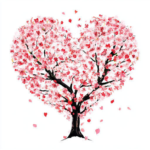 Cherry blossom tree in heart shape, pink flowers, white bg