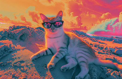Small cat with sunglasses on the beach, in the style of futuristic influences, heatwave 17:11