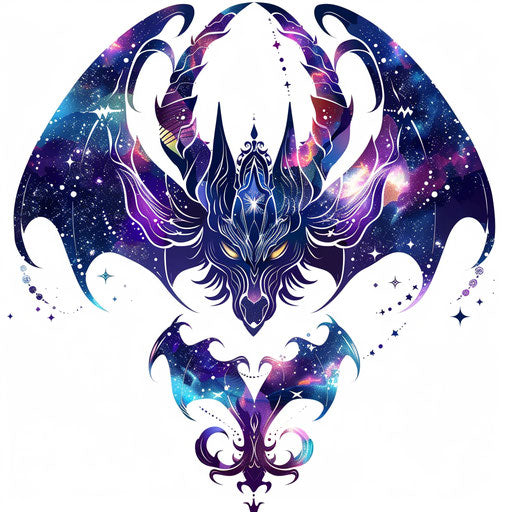 Cosmic gargoyle tattoo with galaxy patterns