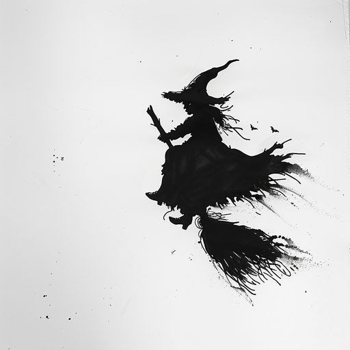 Eerie silhouette of a witch flying on a broomstick, dark tattoo artwork on a bright white canvas.