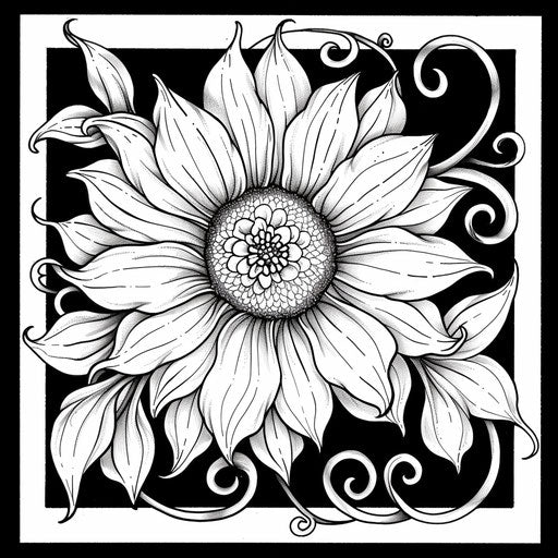 A daisy with swirling vines and leaves