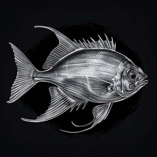 Realistic fish illustration on dark charcoal background emphasizing contrast