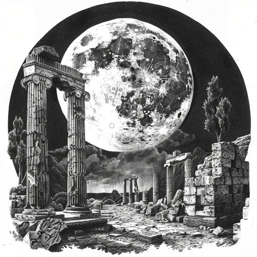 Full moon with ancient ruins and Greek columns