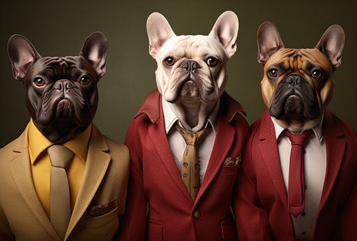 French bulldogs and their owners, in the style of light maroon and light gold, characterized animals 34:23