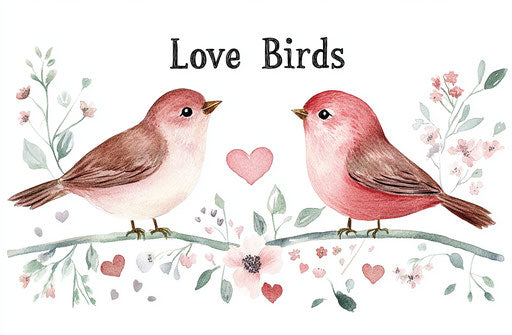 Watercolor love birds with hearts and flowers clipart