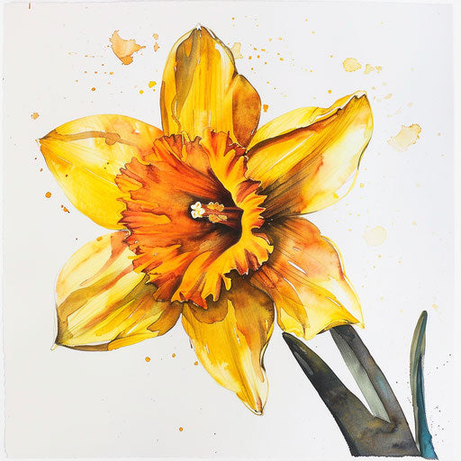 Watercolor painting of a vibrant yellow narcissus flower