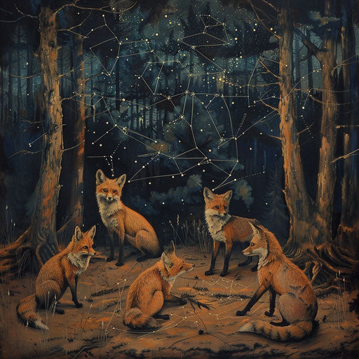 Foxes watching the stars in the forest