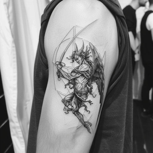 Bold sketch of devil and angel on shoulders, sharp edges, grayscale