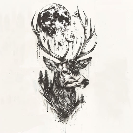 Surreal deer tattoo blending cosmic and forest elements
