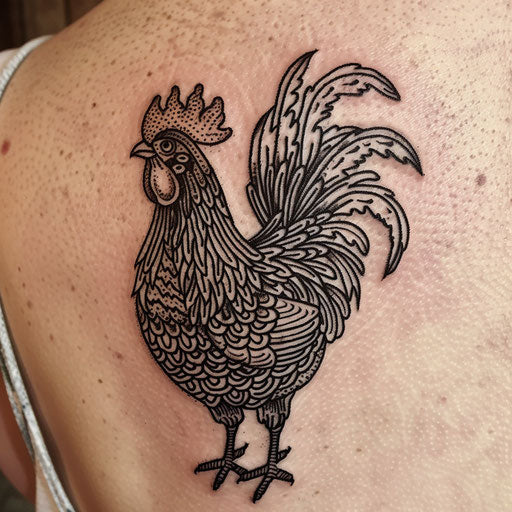 Woodcut style rooster tattoo on paper white background