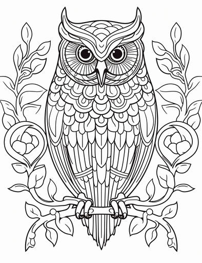 Owl coloring page with blank words, security camera style