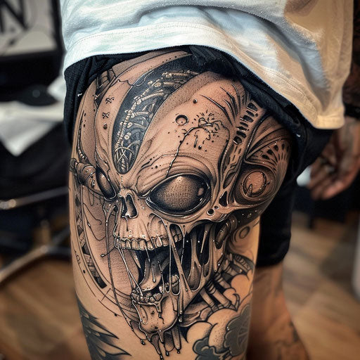 Alien hip tattoo, in the style of Humberto Ramos