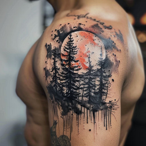 Cool tattoos for men featuring an abstract forest on the shoulder