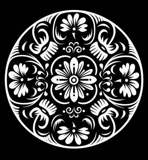 Black coloring page with traditional designs, symbolic style