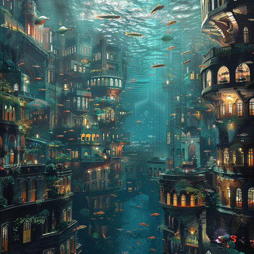 Underwater city populated by fish, aquatic life