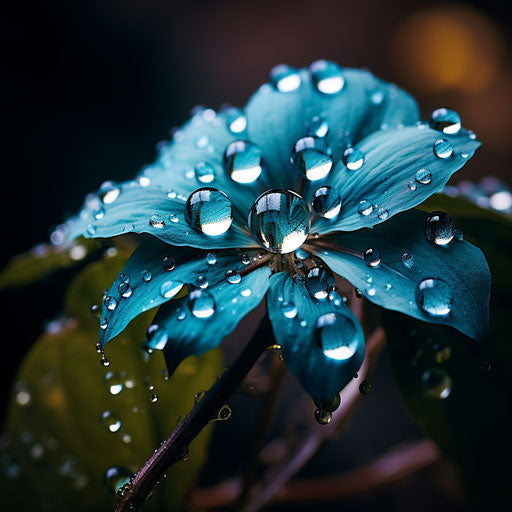 Water drop on flower, dark emerald and sky-blue style, dreamy symbolism