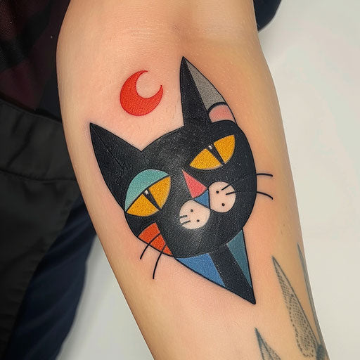 Pop art black cat tattoo, bright colors on white background