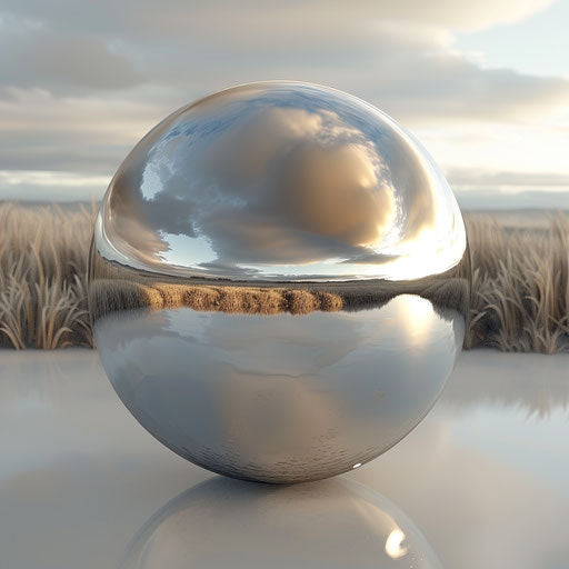 3D-rendered metallic sphere reflecting its environment
