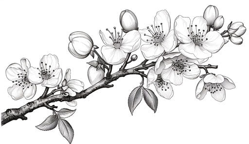 Blooming branch coloring page in cherry blossoms style, ink wash art