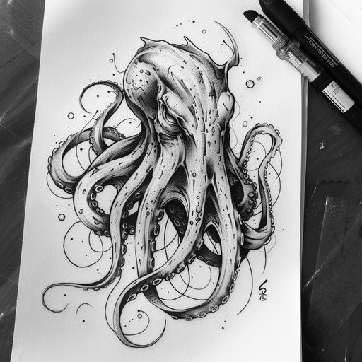 Futuristic kraken tattoo design on white background