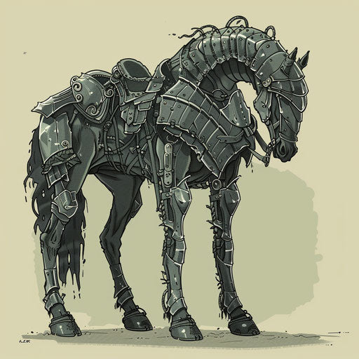 Flat tattoo sketch of a dark horse with armor, resembling a medieval warhorse