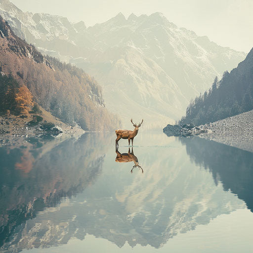 Deer and its reflection in a serene mountain lake