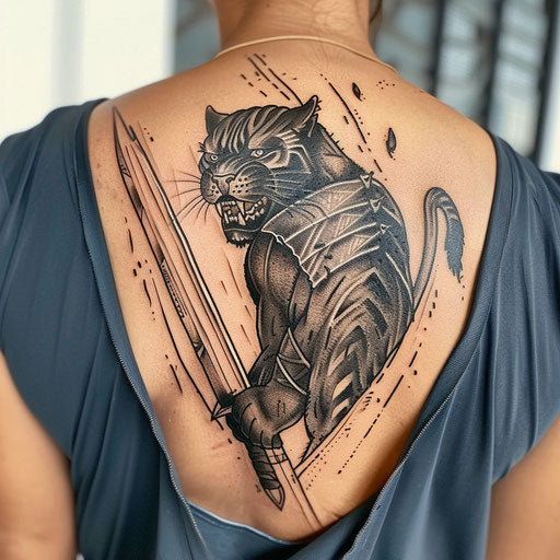 Warrior black panther tattoo on battle-worn white flag