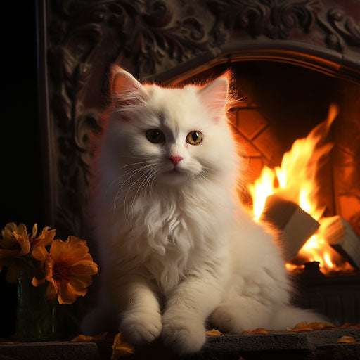 White cat in front of a fire in a fireplace