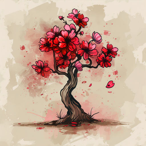 Stylized tattoo sketch of a cherry blossom tree with bold abstract blooms