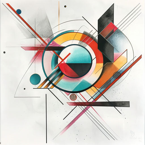 Contemporary geometric tattoo art with abstract expressionist influences, colorful and vibrant, on a white canvas.