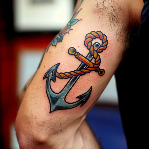 Bicep tattoo of a vintage anchor and rope, Ed Hardy style