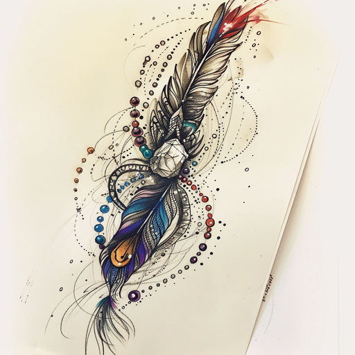 Bohemian flat tattoo sketch of a feather and rock balance