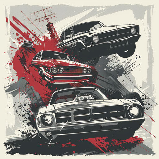 Nostalgic flat tattoo sketch of a 1990s Russian mafia car chase, classic reds and greys, clipart style