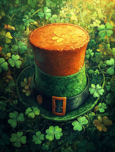 St. Patrick's Day hat surrounded by clovers, cartoon style