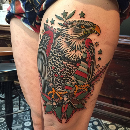 Colorful thigh tattoos for men with traditional Americana themes