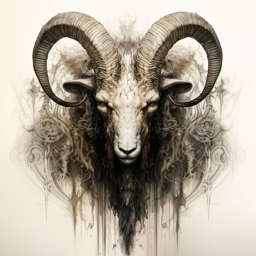 Big ram head with long horns in gothic realism style