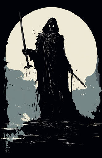 Black silhouette of a grim reaper with a scythe for slaying soldiers