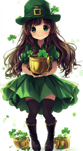 Girl in green with clover pots and black boots