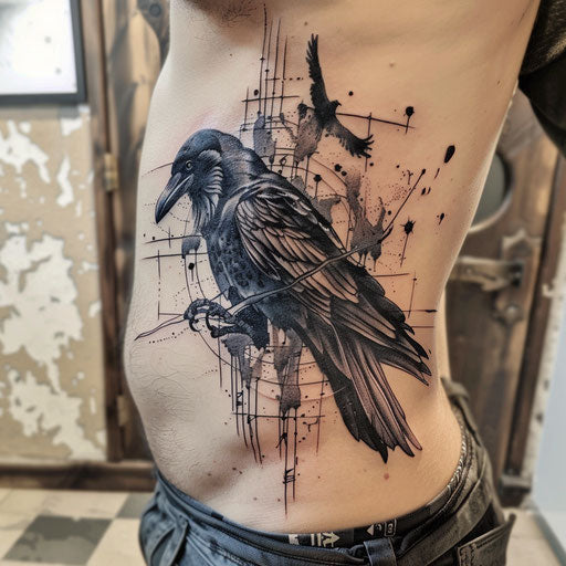 Gothic raven rib tattoos in Gerald Brom style