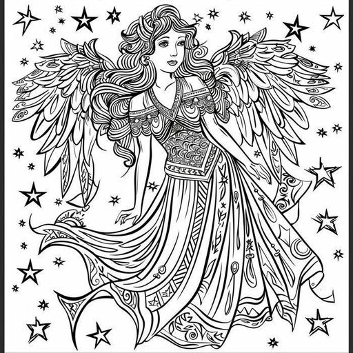Elegant angel with intricate patterns, surrounded by stars